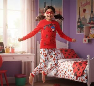 “Miraculous Ladybug girls’ long sleeve 100% cotton pyjama set made in [Country], featuring Ladybug graphic top and matching trousers.”