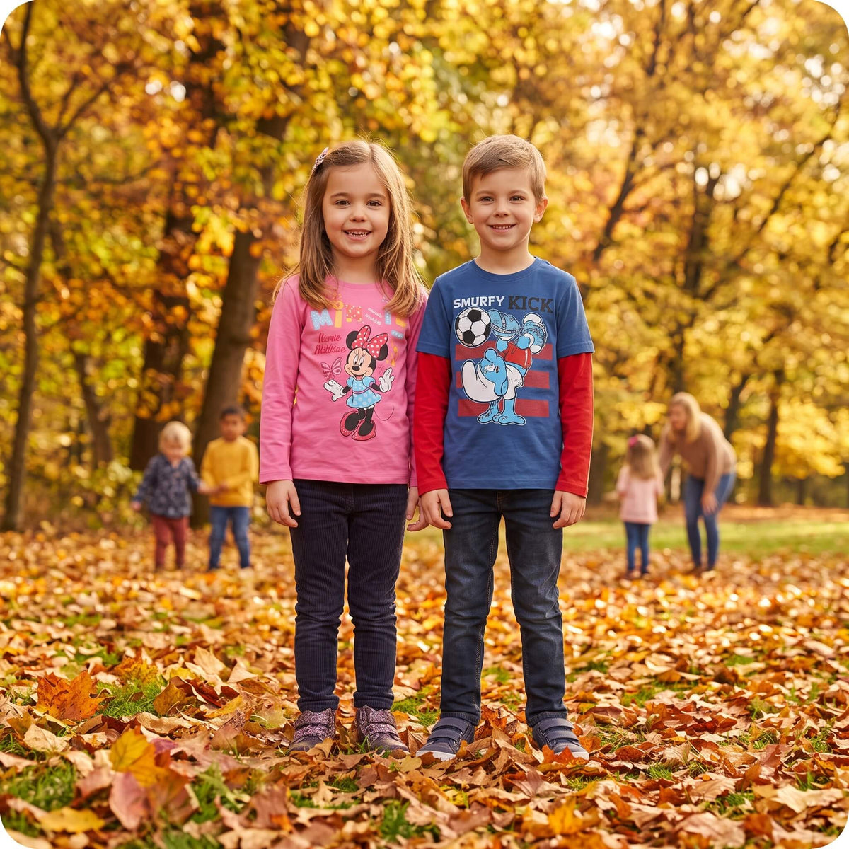 Two children wearing long-sleeve character tops among autumn leaves - KIDS Tv autumn kids clothing collection