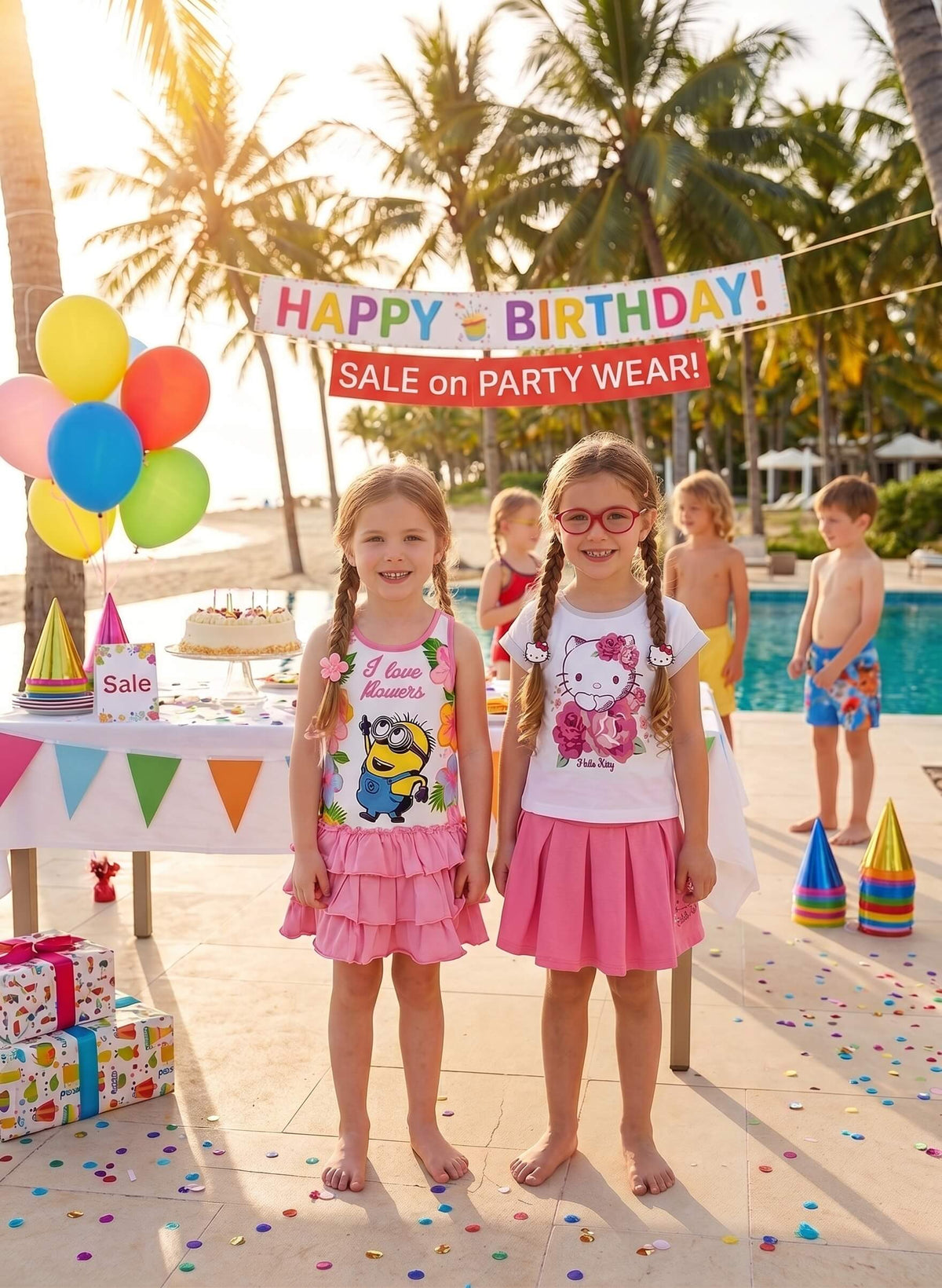 Girls in character party outfits at a birthday celebration - KIDS Tv party and occasion kids clothing collection