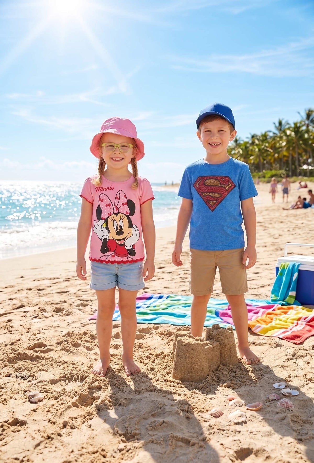 Children in character t-shirts and shorts on a sunny beach - KIDS Tv summer kids clothing collection