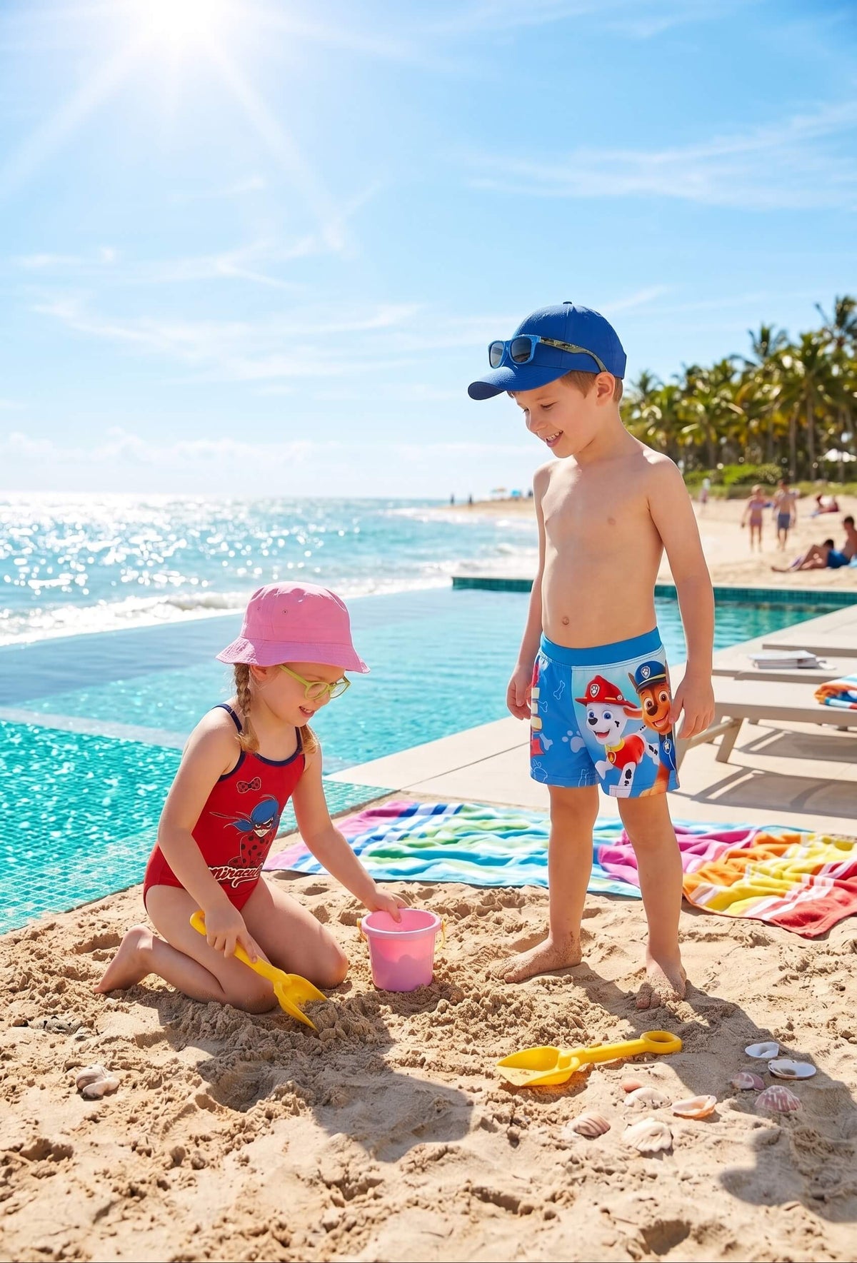 Children in character swimwear playing in the sand beside a pool - KIDS Tv beach and pool kids clothing collection