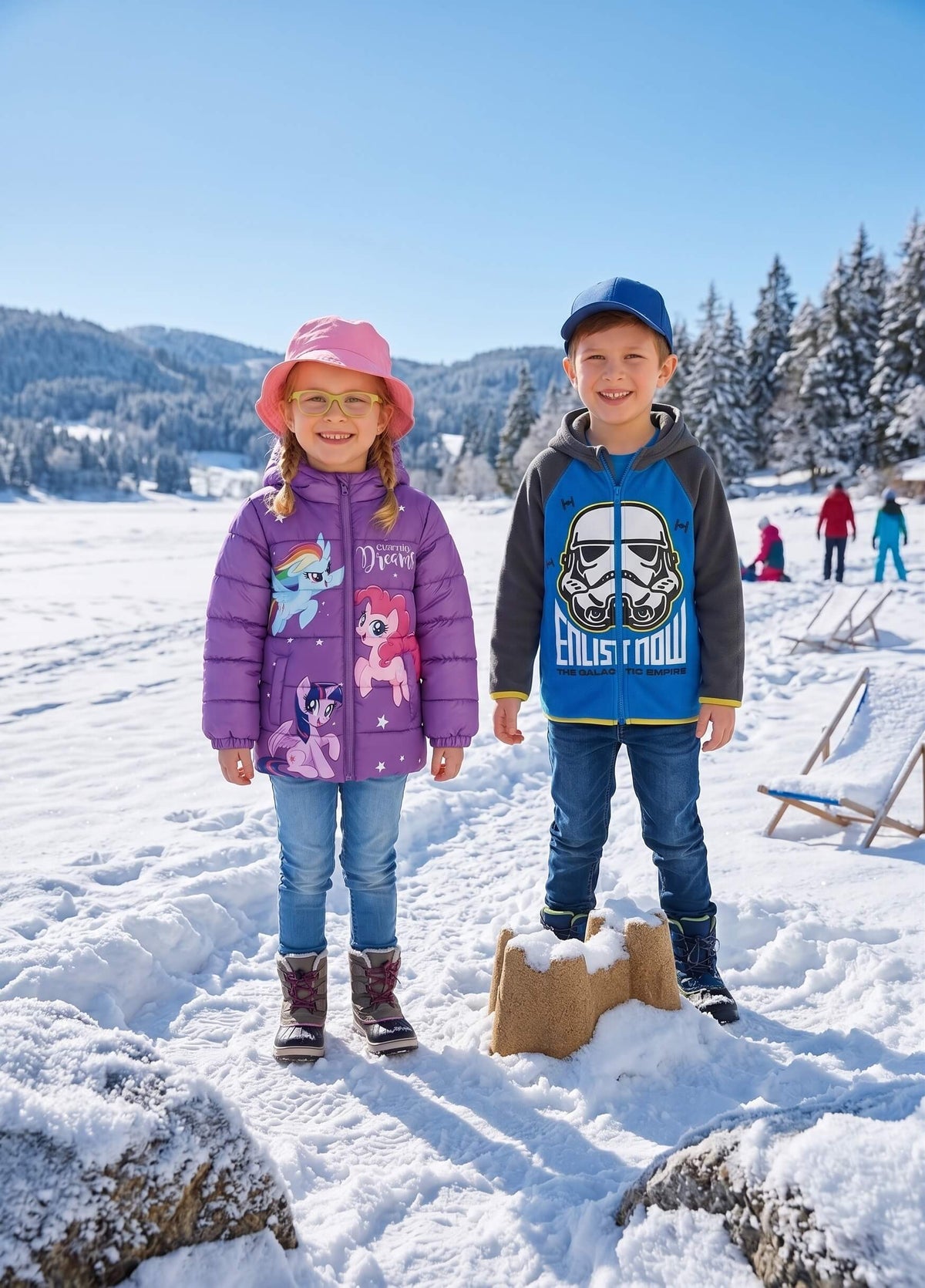Children in character puffer jacket and hoodie standing in the snow - KIDS Tv winter kids clothing collection