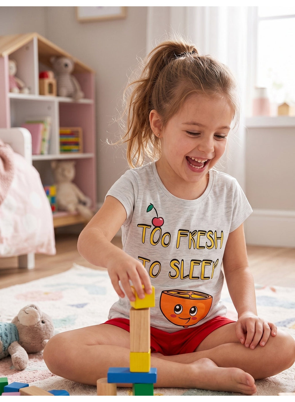 بيجامة بناتي بأكمام قصيرة بتصميم عالم الفاكهة من قناة Kids TV، مصنوعة 100% من القطن