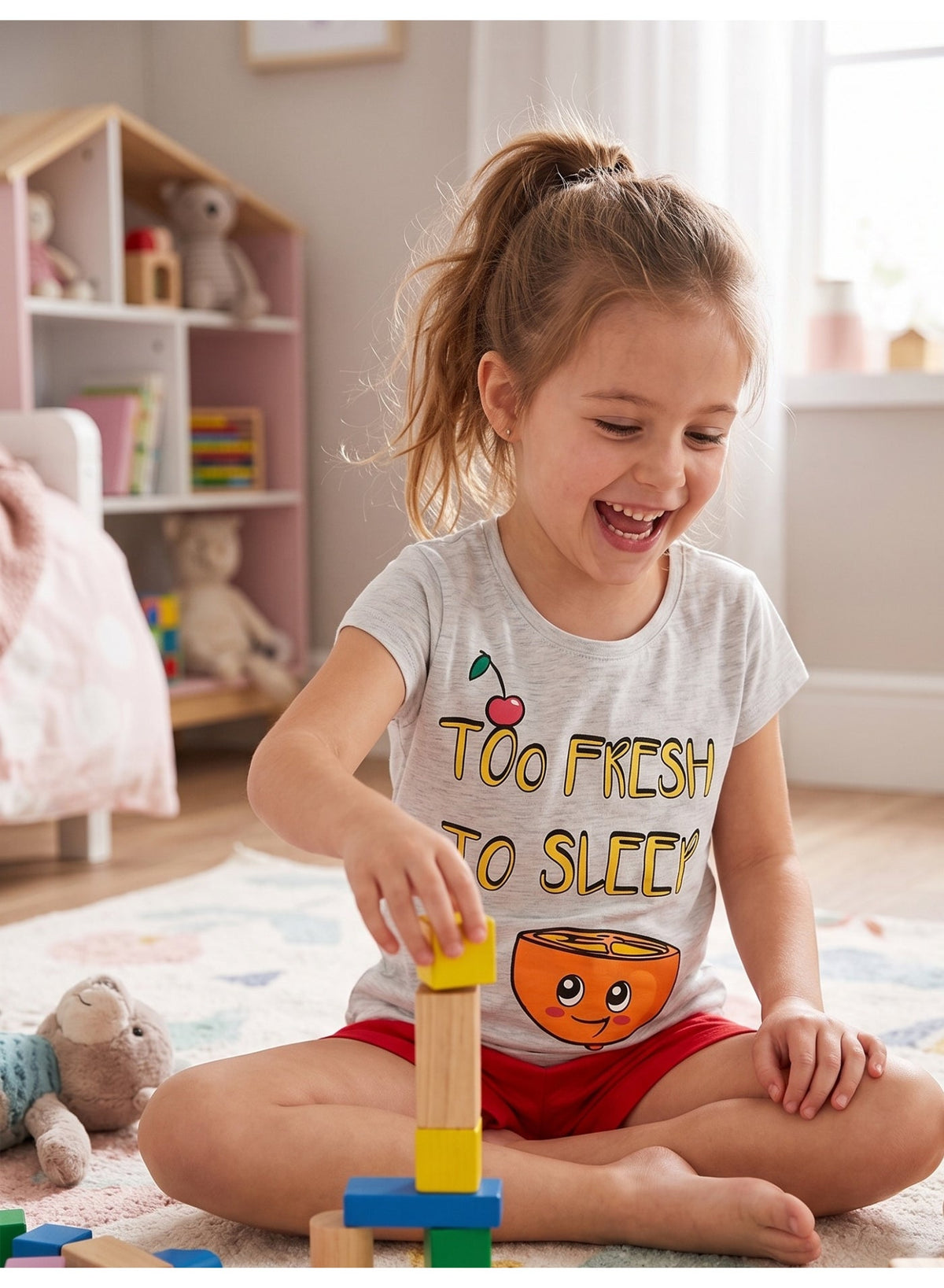 بيجامة بناتي بأكمام قصيرة بتصميم عالم الفاكهة من قناة Kids TV، مصنوعة 100% من القطن