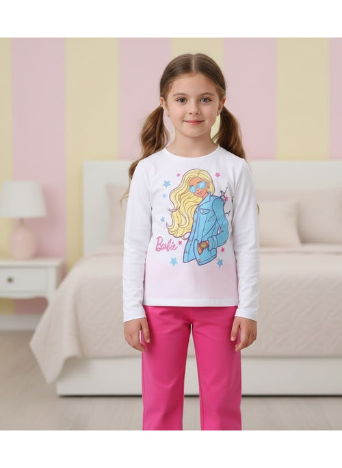 Barbie Doll Print White & Fuchsia Long Pyjama Set — Girls - image 2