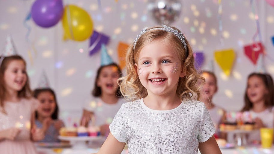 A young girl smiling at a birthday party, wearing a white sequined short-sleeve top and a light blue tulle tutu skirt, with a sparkly tiara. Balloons, confetti, and other children are visible in the background.