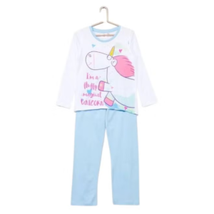 Girls' white and light blue long-sleeve pyjama set featuring a unicorn graphic.